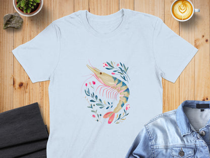 Light blue t-shirt with a watercolor shrimp and floral design.