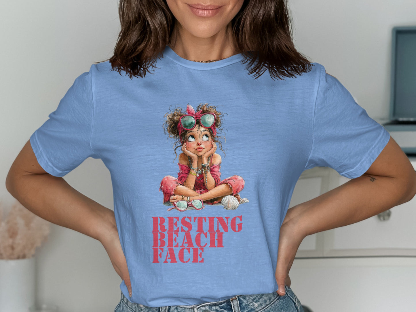 Illustration of a girl in pink clothes with "Resting Beach Face" text.