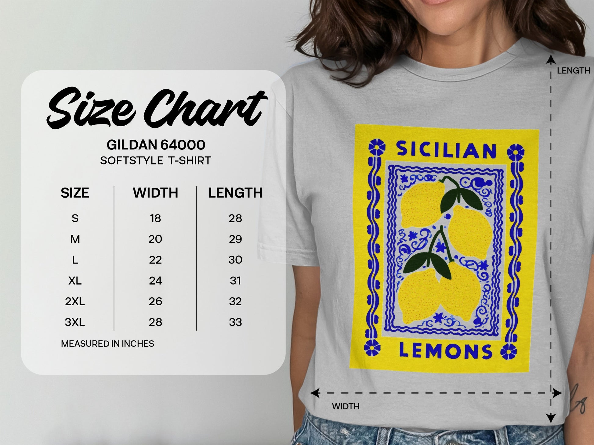 Gildan 64000 Softstyle t-shirt size chart with Sicilian Lemons graphic.
