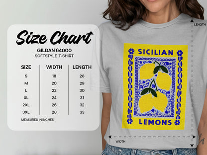 Gildan 64000 Softstyle t-shirt size chart with Sicilian Lemons graphic.