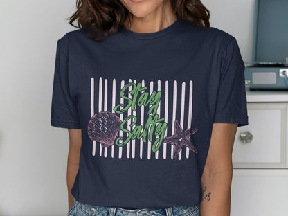 Navy t-shirt with "Stay Salty" text and seashell and starfish graphic.