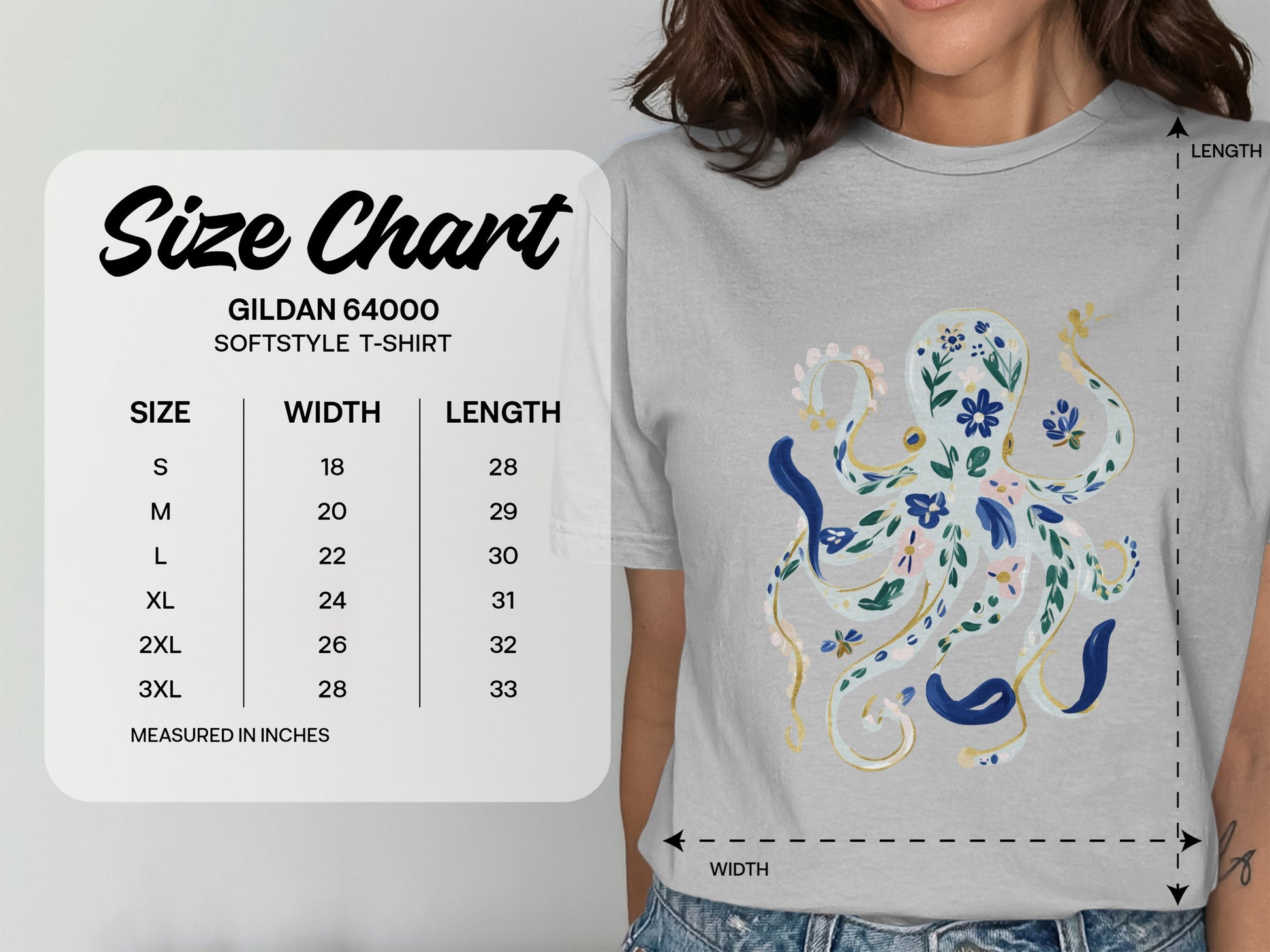 Gildan 64000 Softstyle T-Shirt size chart with width and length measurements.