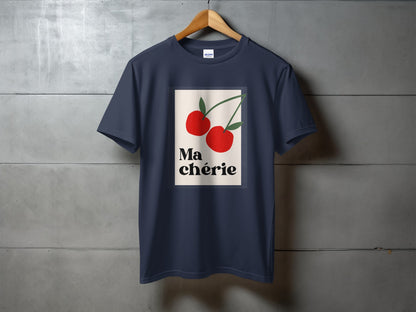 Navy t-shirt with "Ma chérie" and two red cherries graphic.