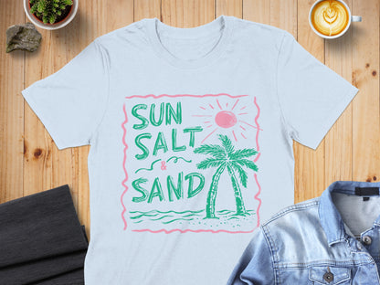Light blue t-shirt with "Sun Salt & Sand" palm tree graphic.