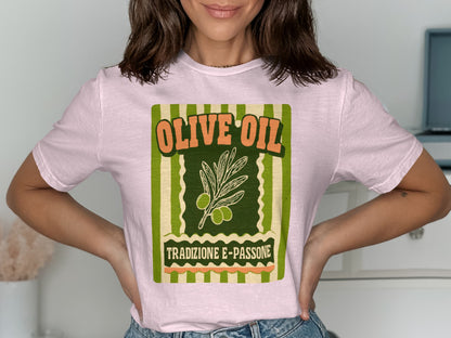 Pink t-shirt with "Olive Oil Tradizione E Passione" text and olive branch graphic.