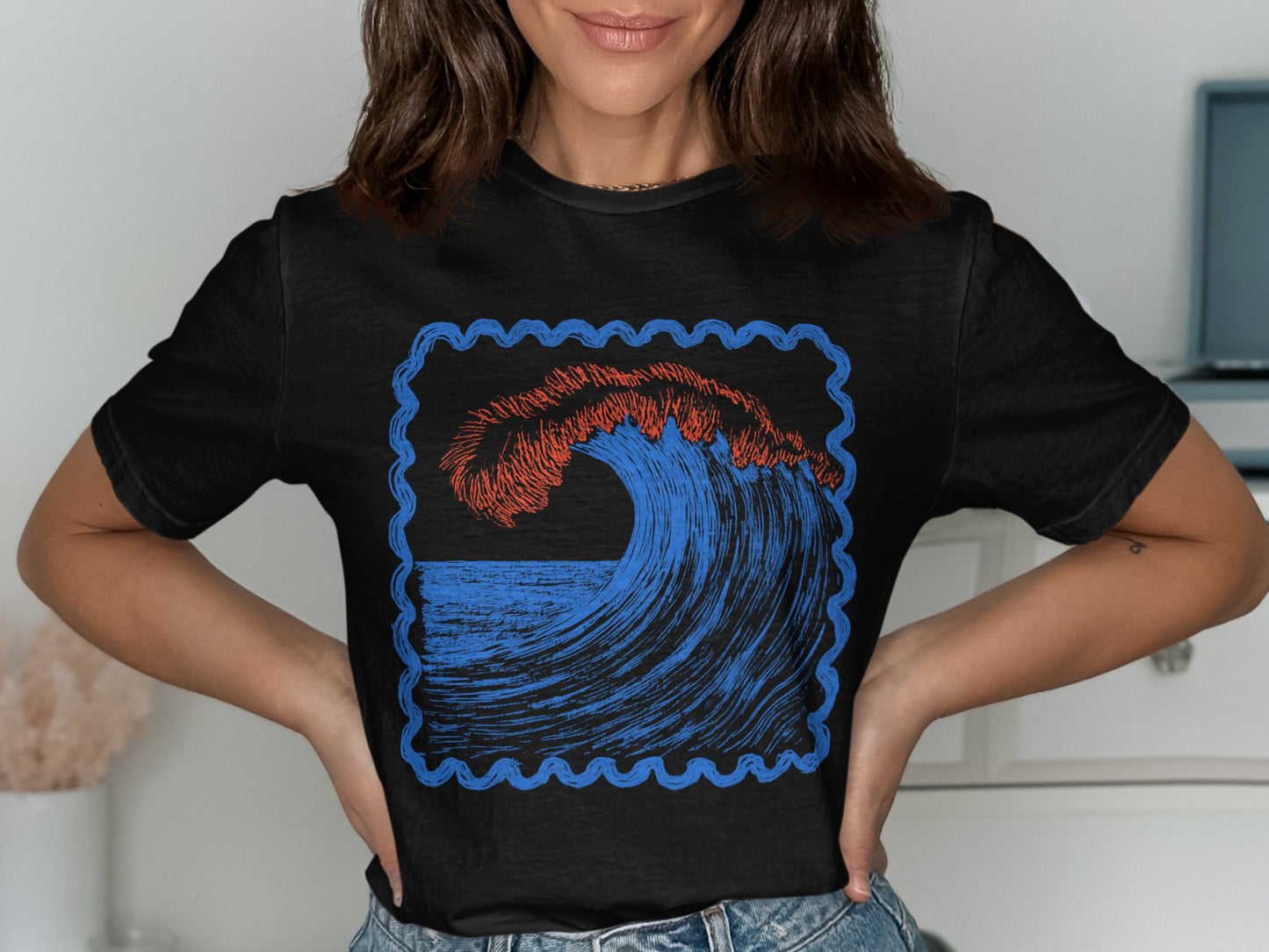 Wave Design Black T-Shirt Casual Wear Female Product
