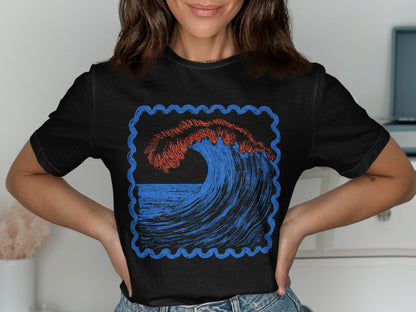 Wave Design Black T-Shirt Casual Wear Female Product