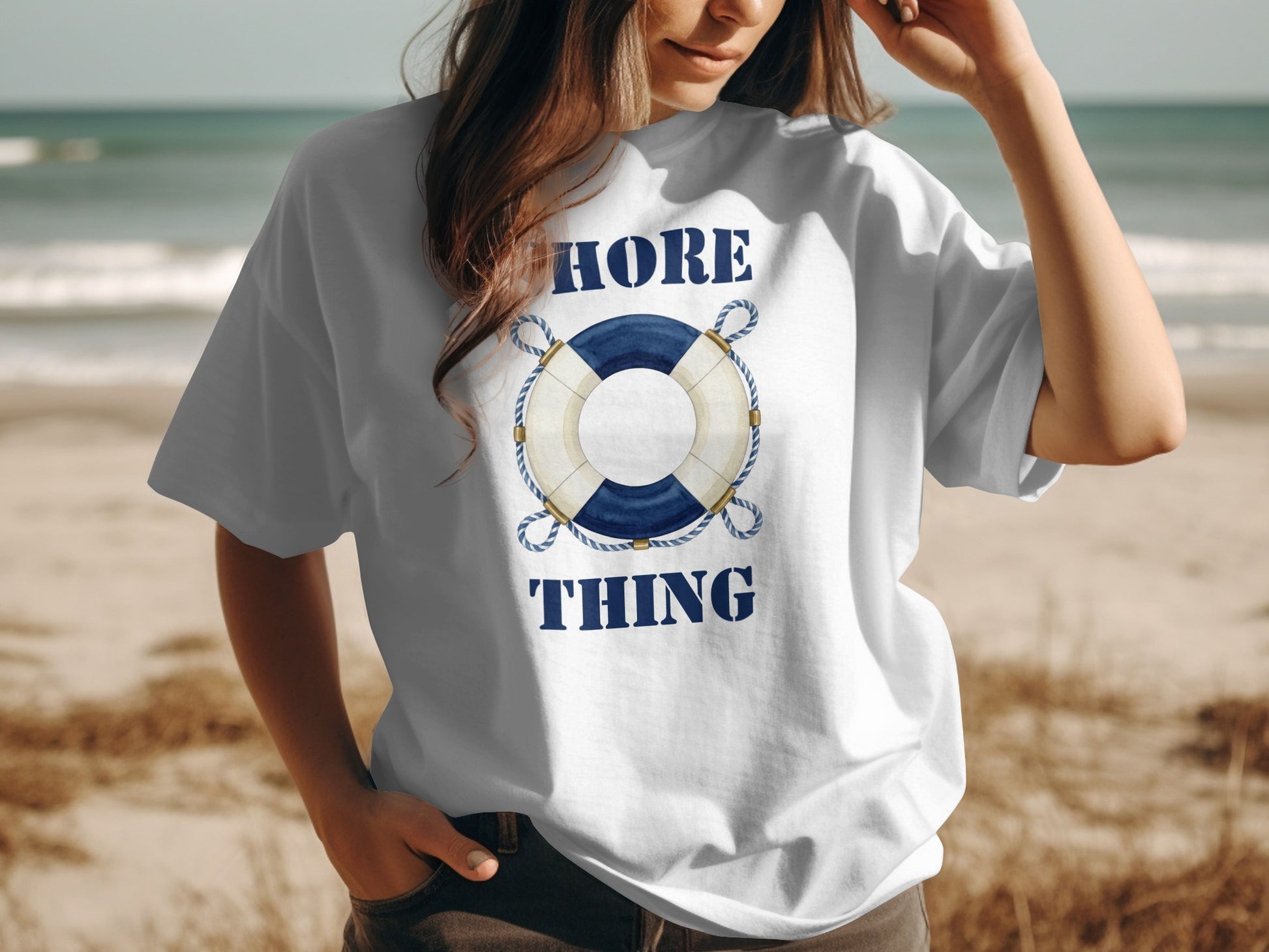 White t-shirt with "HORE THING" and a nautical life preserver graphic.