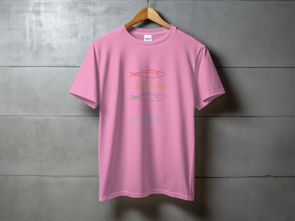 Pink t-shirt with four horizontal colorful fish outlines.