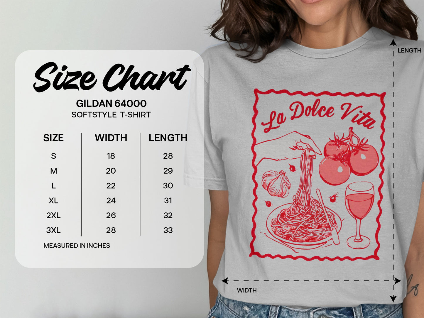 Gildan 64000 Softstyle t-shirt size chart with measurements in inches.