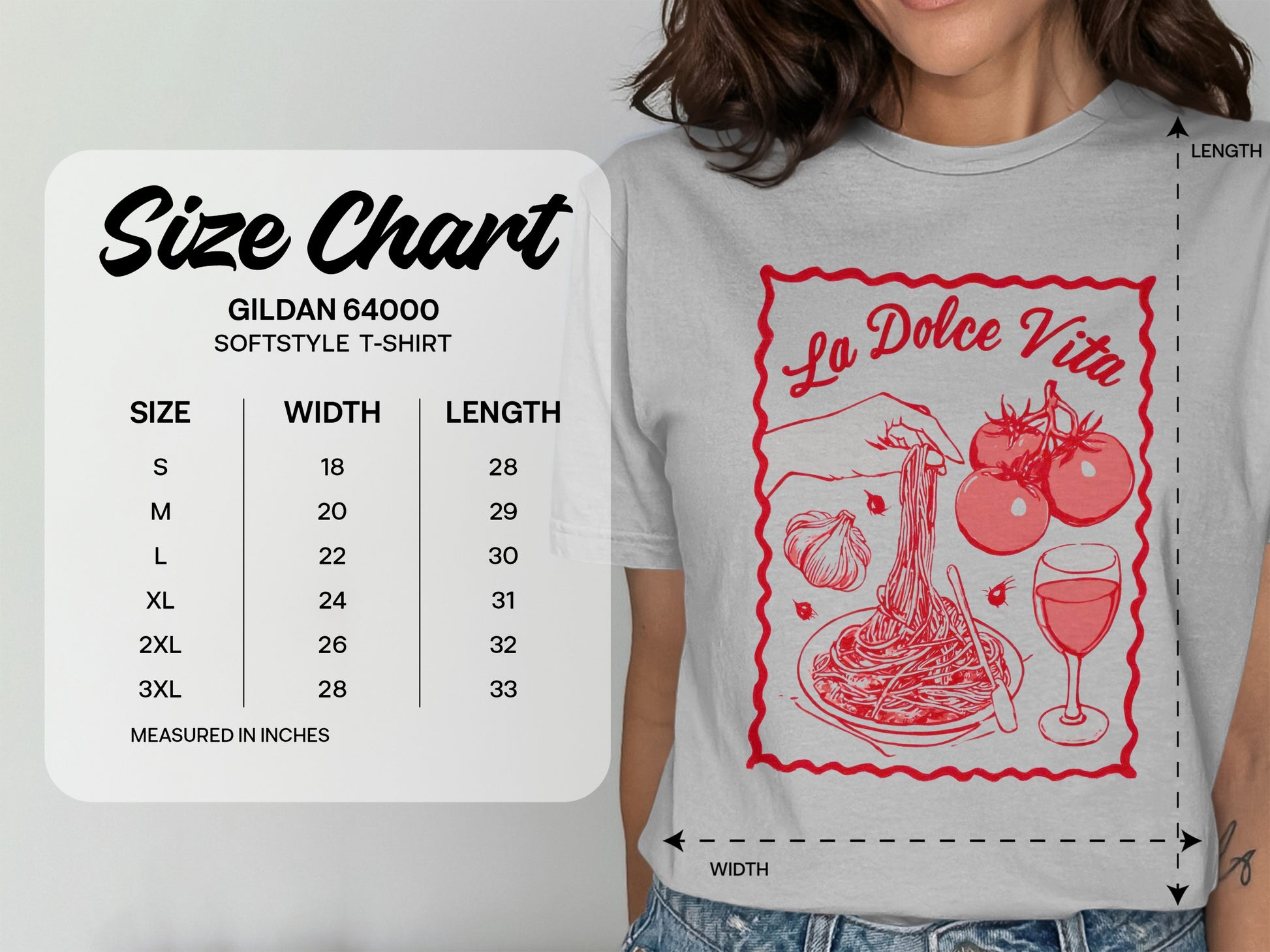 Gildan 64000 Softstyle t-shirt size chart with measurements in inches.