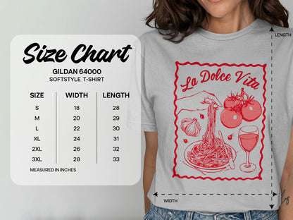 Gildan 64000 Softstyle t-shirt size chart with measurements in inches.