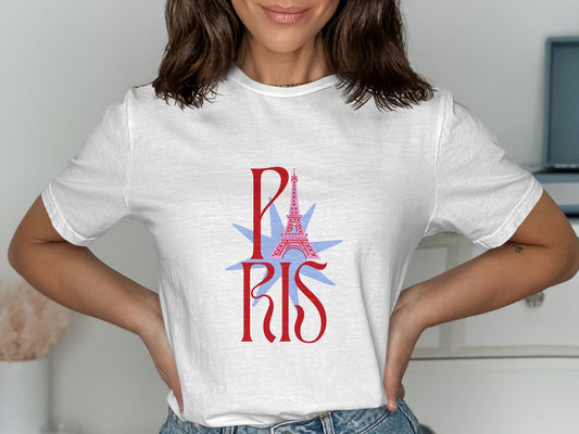 White t-shirt with "PARIS" text and Eiffel Tower graphic.