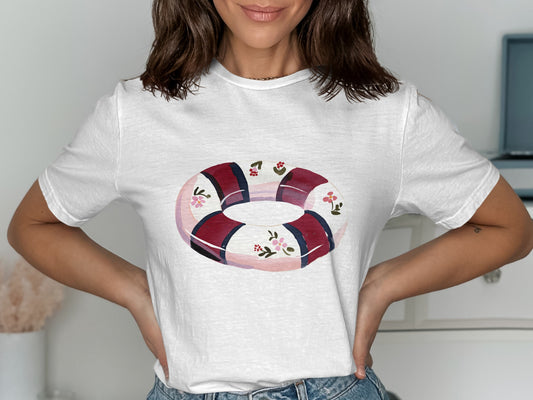White t-shirt with a watercolor-style life preserver graphic.