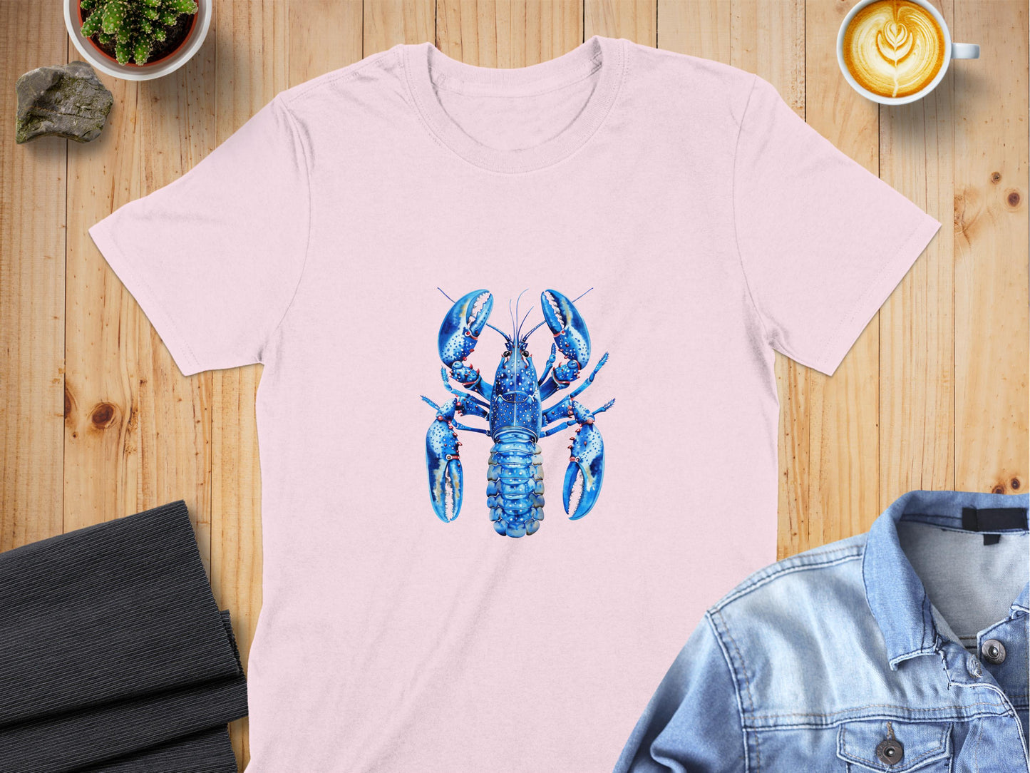 Unique Blue Lobster Design on Light Pink T-Shirt product type