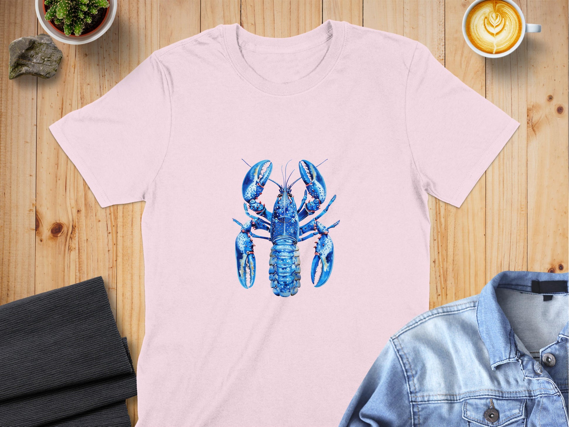 Unique Blue Lobster Design on Light Pink T-Shirt product type