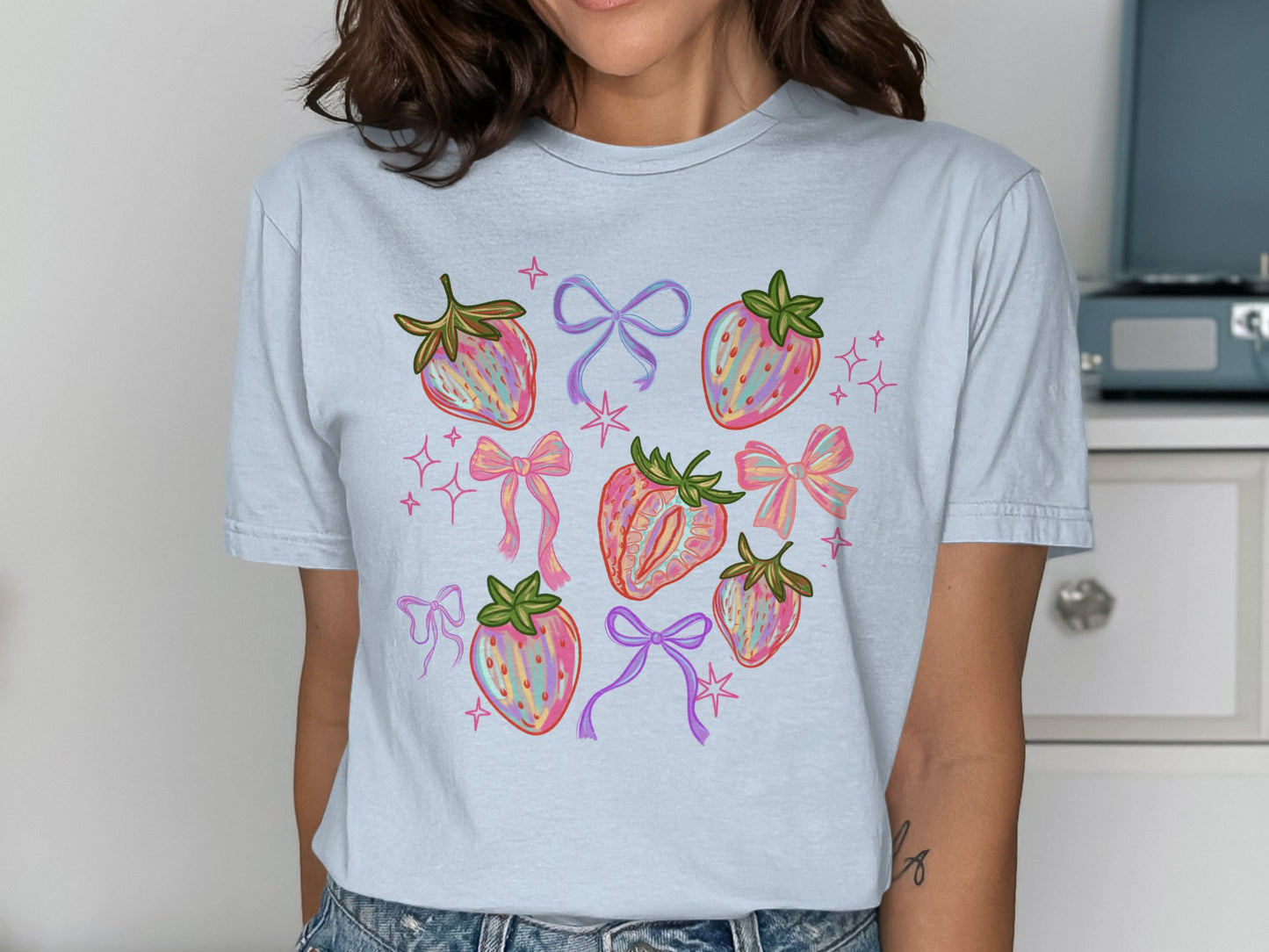 Cute Strawberry and Bows Graphic Tee product type