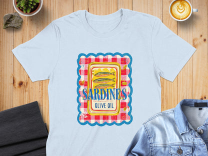 Light blue t-shirt with sardine can illustration in checkered frame.