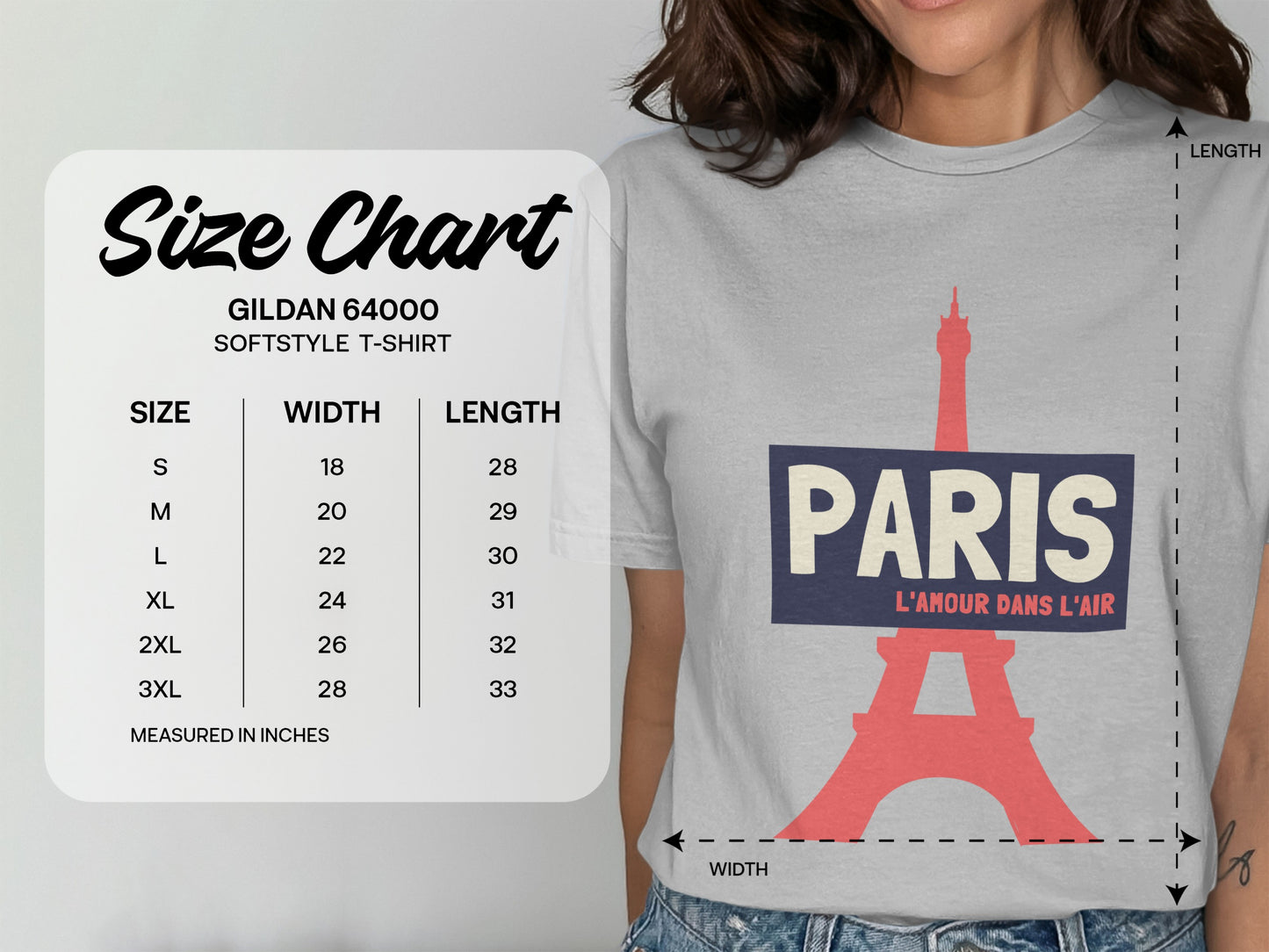 Gildan 64000 softstyle t-shirt size chart and Paris graphic.