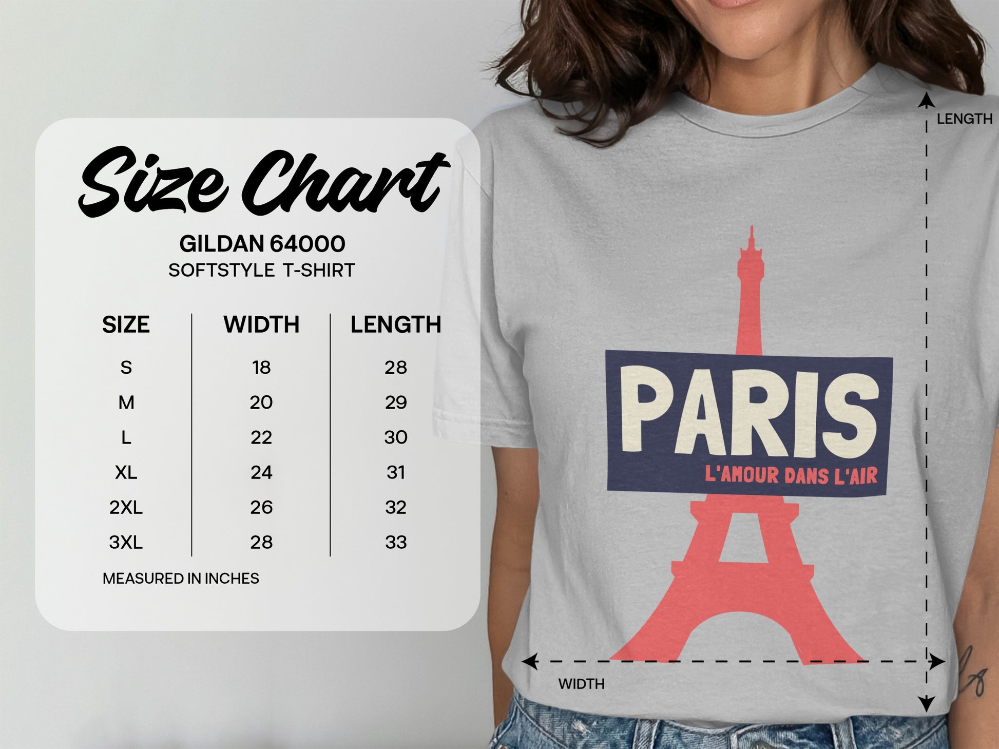 Gildan 64000 softstyle t-shirt size chart and Paris graphic.