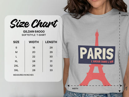 Gildan 64000 softstyle t-shirt size chart and Paris graphic.