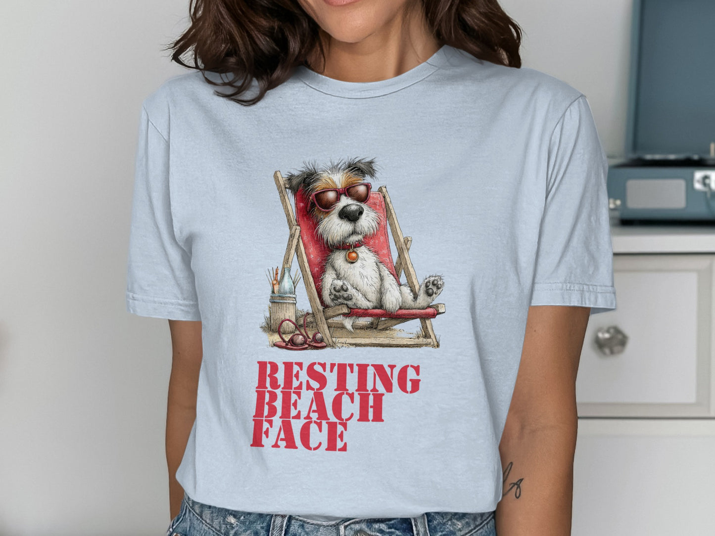 Illustration of a dog wearing sunglasses relaxing in a beach chair.