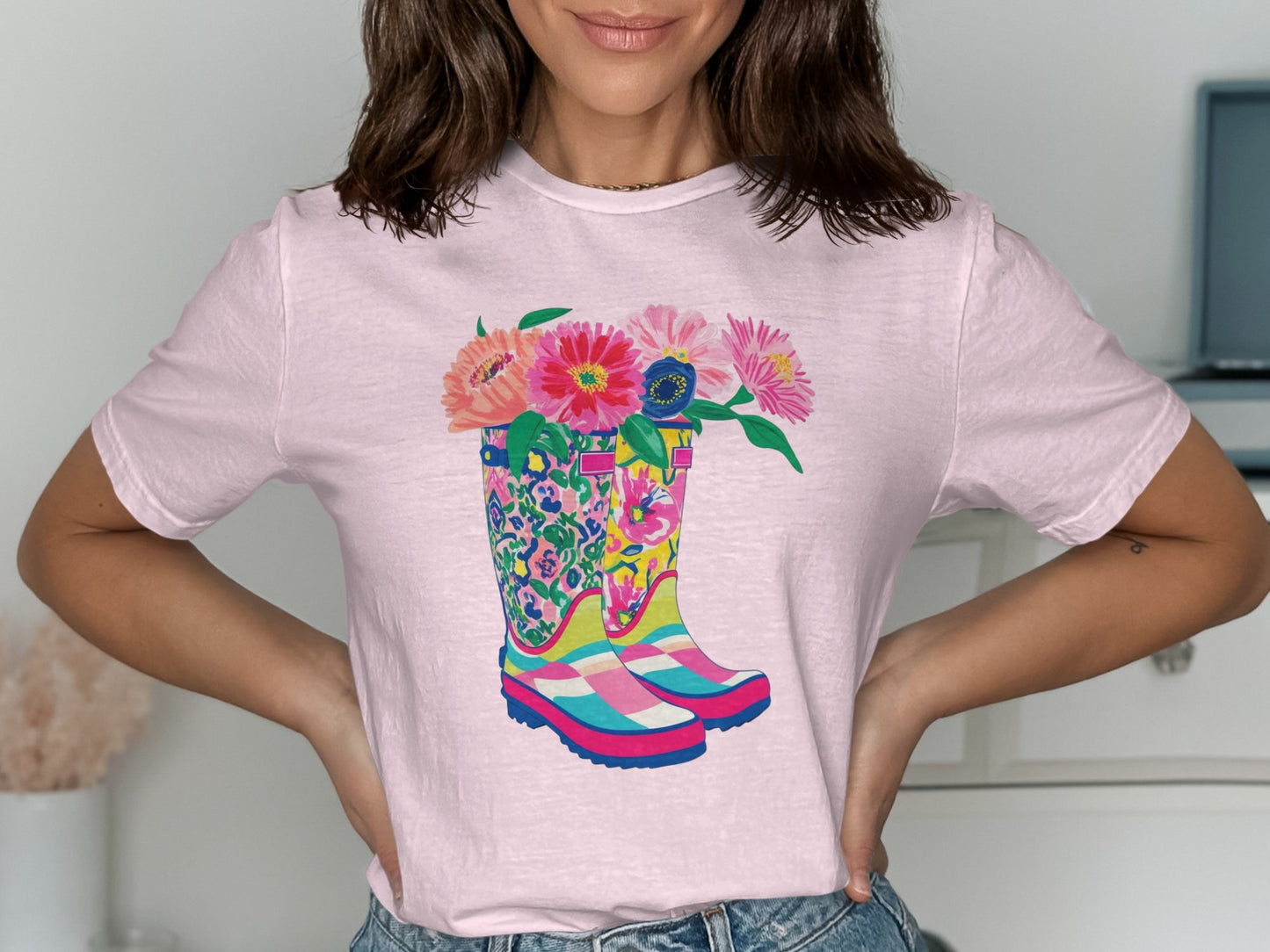 Colorful Floral Boot Design Pink T-Shirt product type