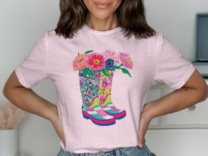 Colorful Floral Boot Design Pink T-Shirt product type