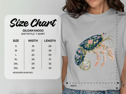 Gildan 64000 softstyle t-shirt size chart with crab graphic, measured in inches.