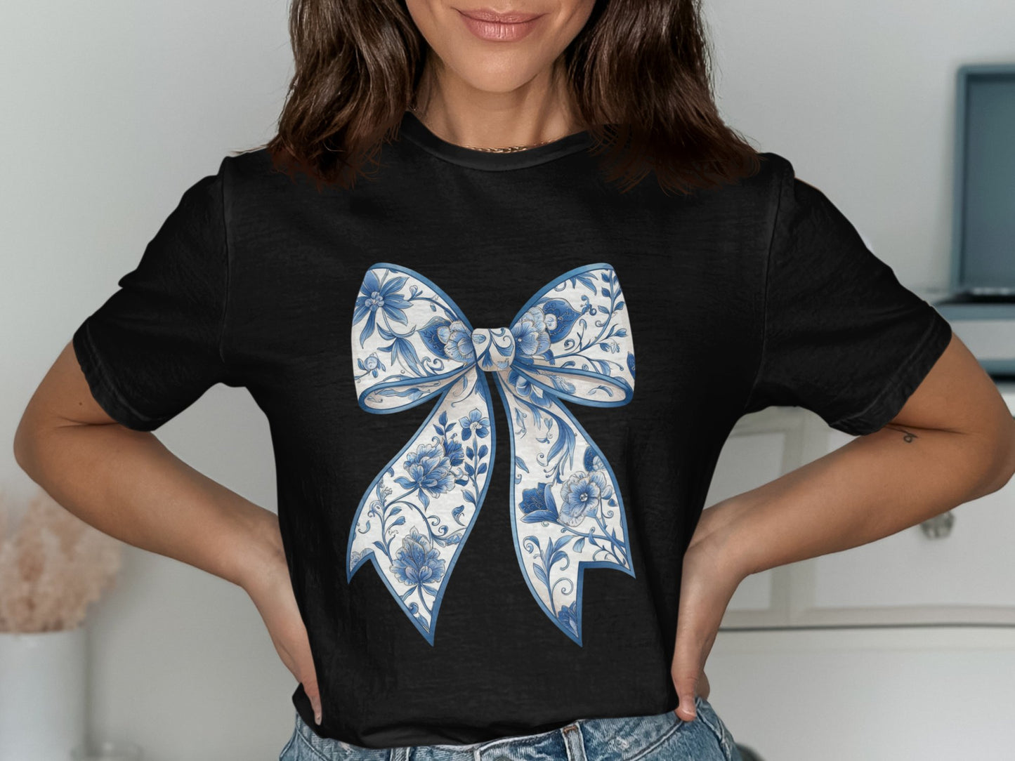 Floral Blue Ribbon Print Black T Shirt product