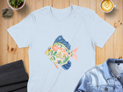 Light blue t-shirt featuring a colorful floral fish design.