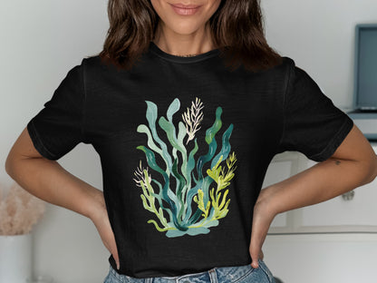 Black t-shirt with colorful seaweed and coral illustration.