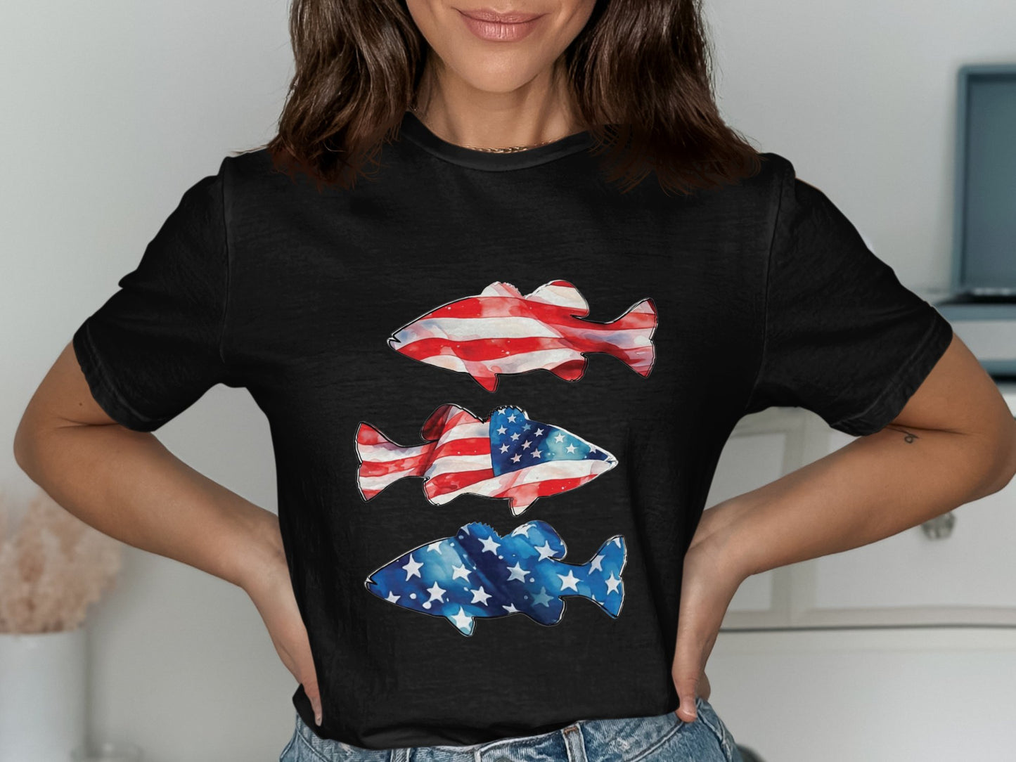 American Flag Fish Graphic Black T-shirt product type