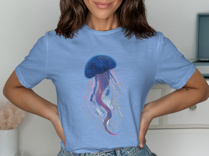Light blue t-shirt with a watercolor jellyfish graphic.