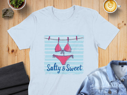 Bikini hanging on a clothesline with "Salty & Sweet" text.