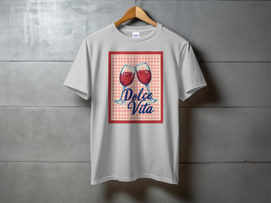 White t-shirt featuring two glasses of red wine and "Dolce Vita" text.