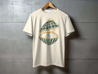 White t-shirt with an open oyster and pearl graphic.