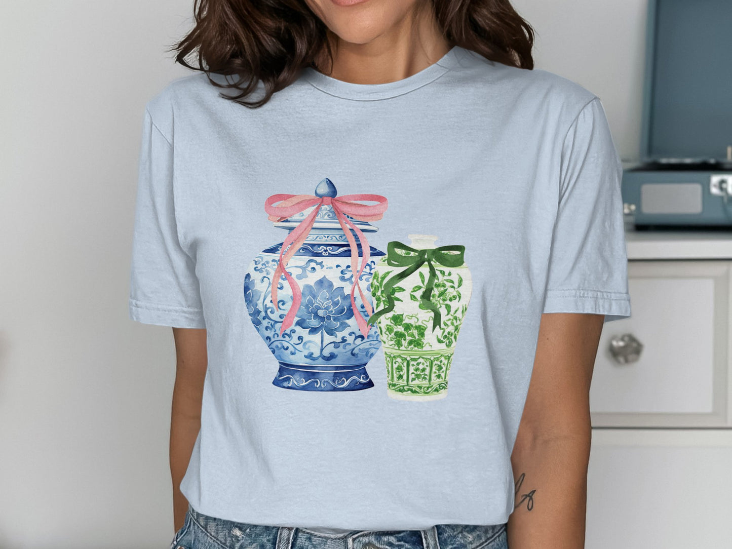 Blue and Green Decorative Vases on White Shirt product