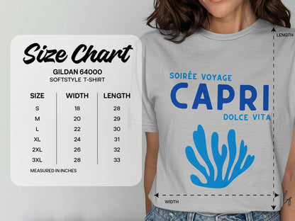 Gildan 64000 t-shirt size chart and Capri graphic with text.