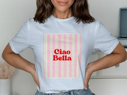 White t-shirt with pink and white striped box and "Ciao Bella" text.