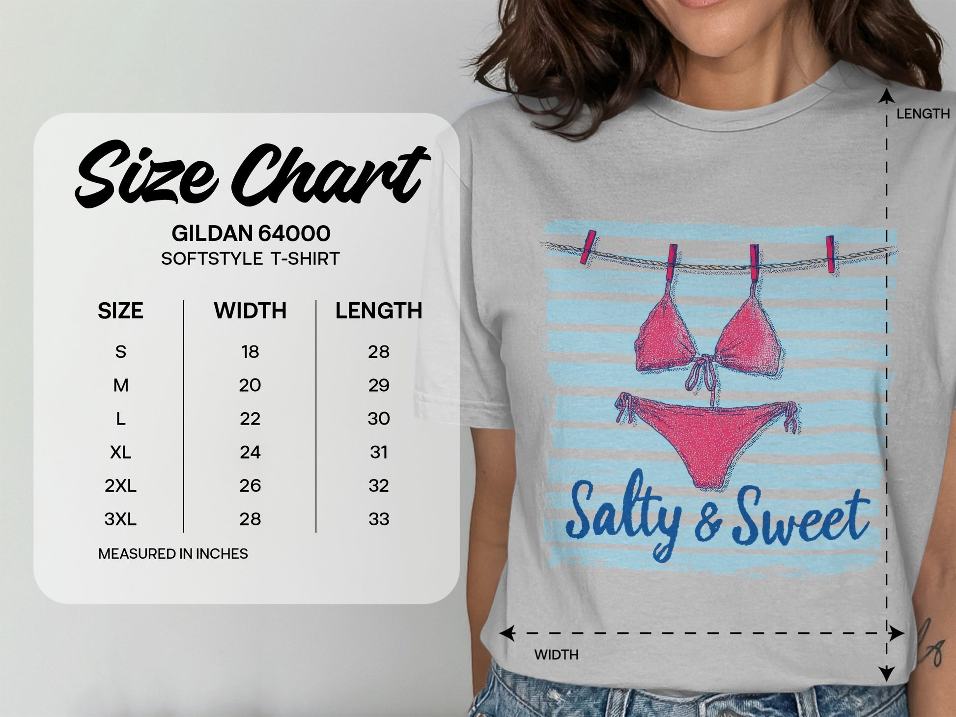 Gildan 64000 Softstyle T-shirt size chart with bikini graphic.