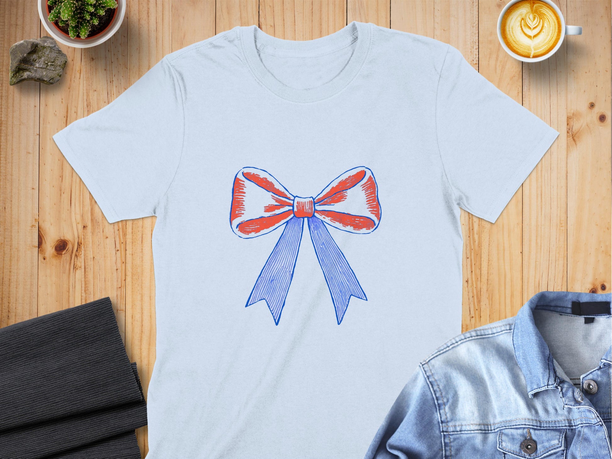 Stylish Red and Blue Bow Graphic T-Shirt product