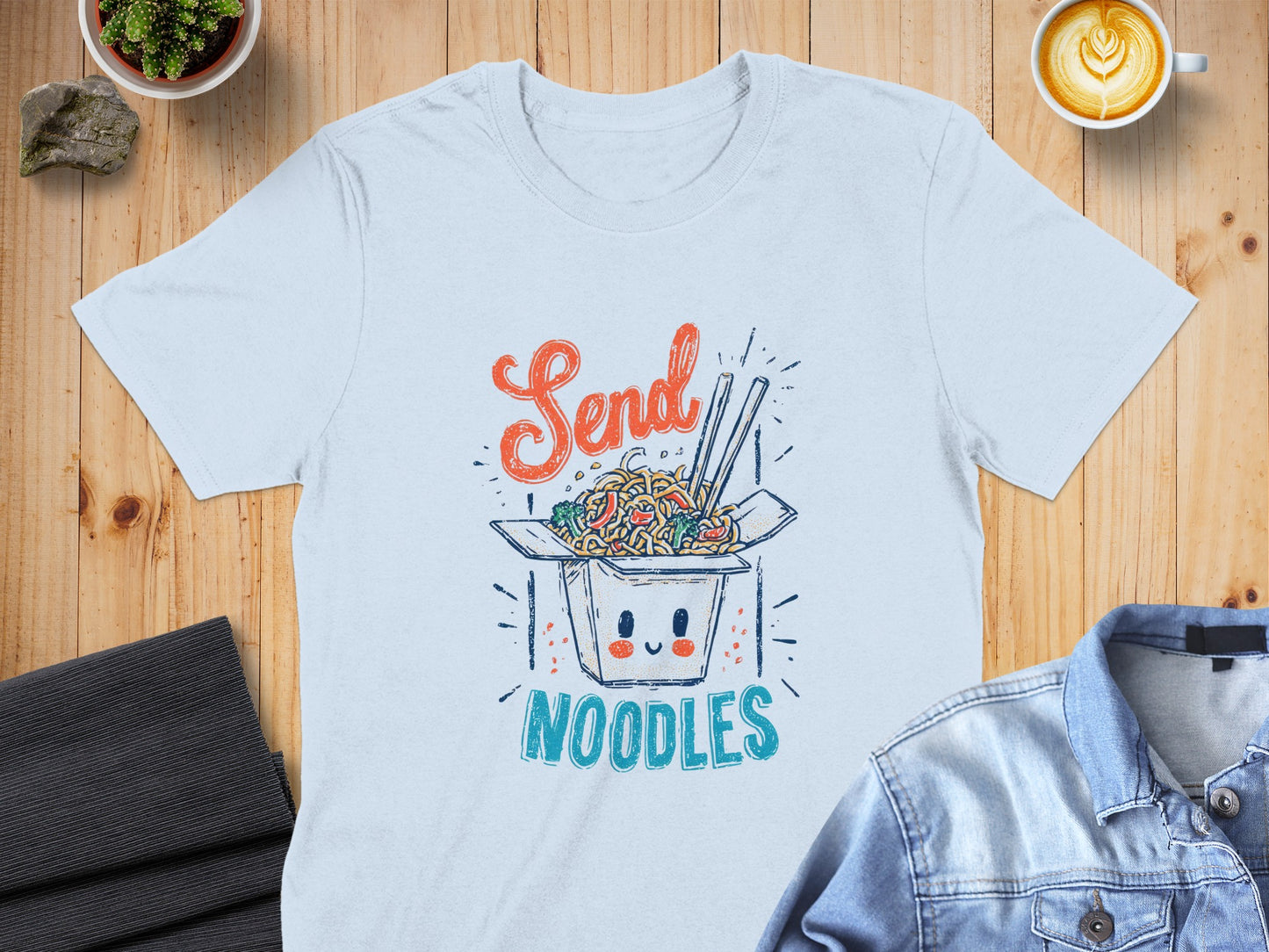 White t-shirt with cartoon noodles and "Send Noodles" text.