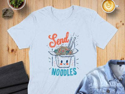 White t-shirt with cartoon noodles and "Send Noodles" text.