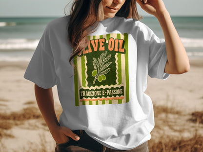 White t-shirt with "OLIVE OIL TRADIZIONE E-PASSIONE" text and olive branch graphic.