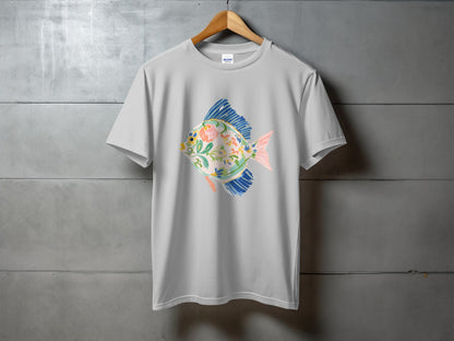 Gray t-shirt with a colorful floral fish design.