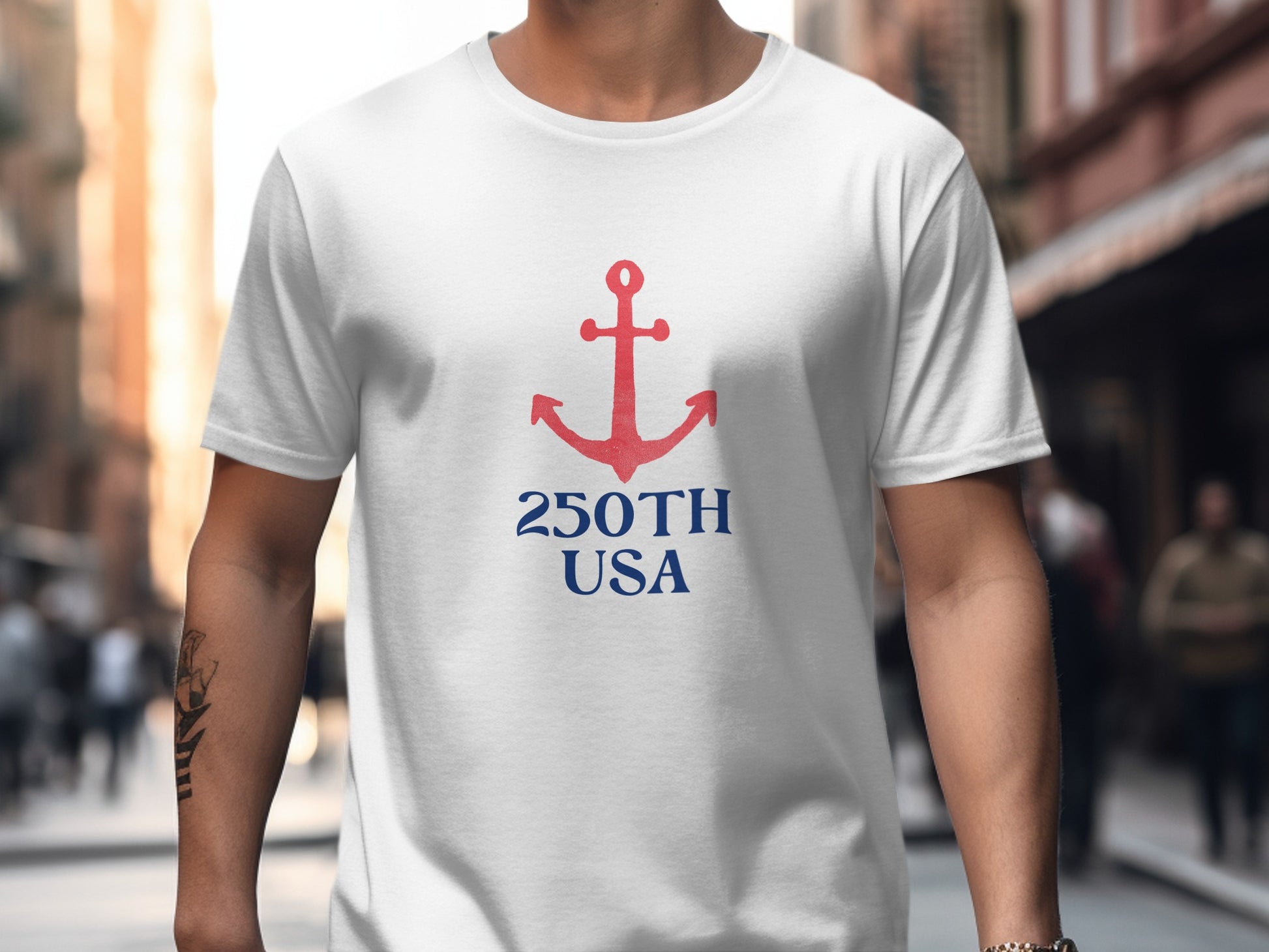 White t-shirt with red anchor and "250TH USA" text.