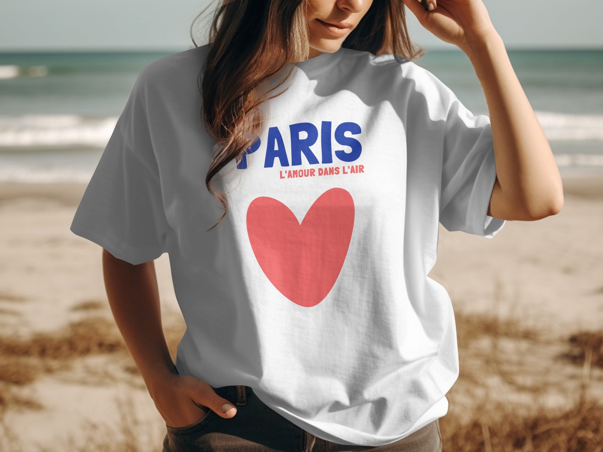 White t-shirt with "PARIS" and red heart graphic.