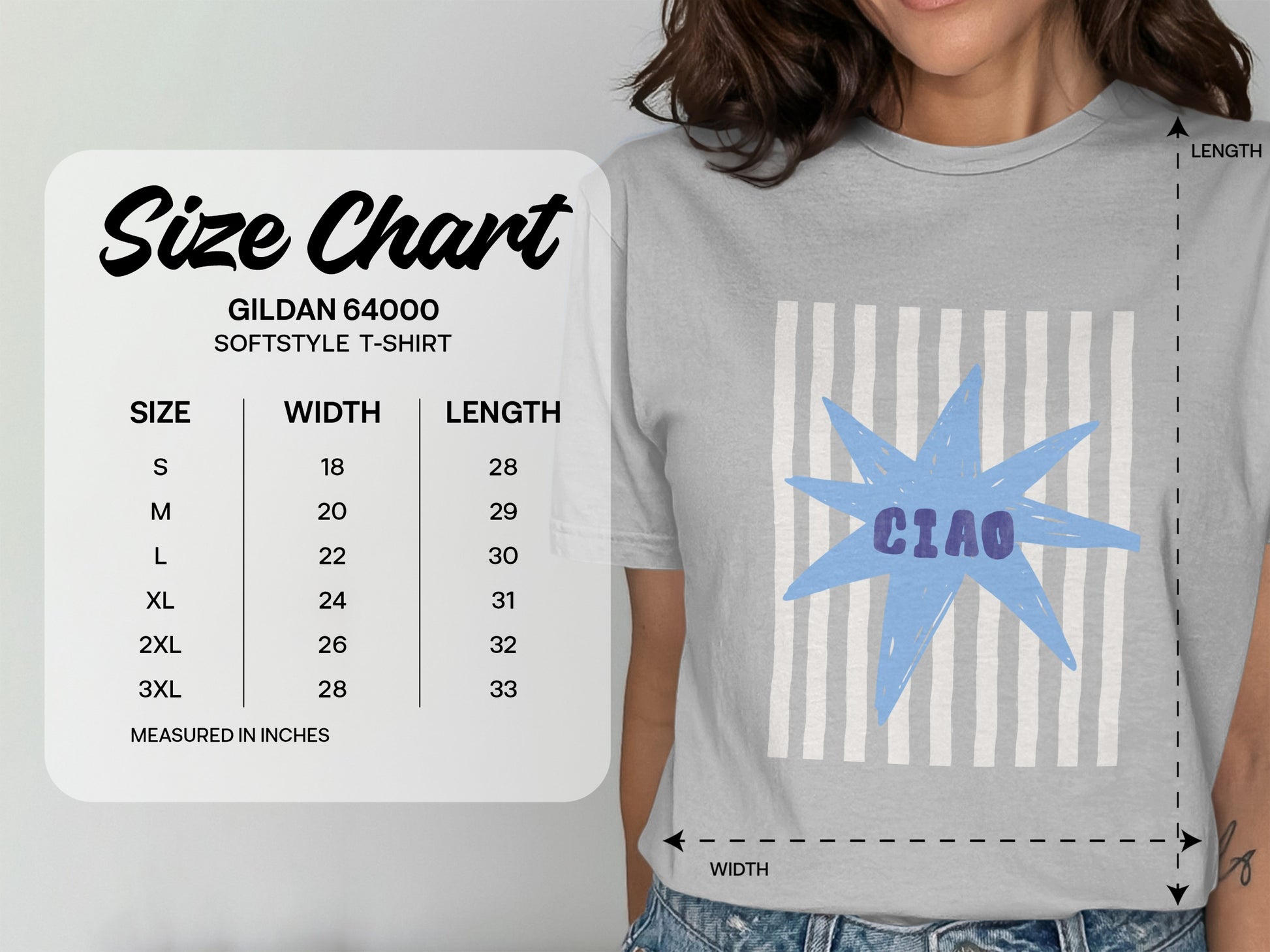 Gildan 64000 t-shirt size chart with measurements in inches.