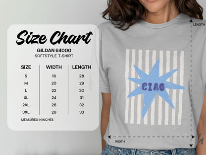 Gildan 64000 t-shirt size chart with measurements in inches.